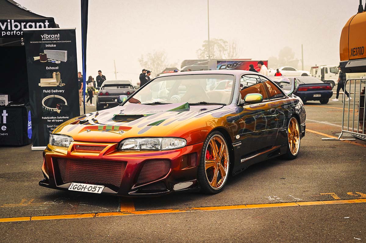 Green Ghost S14 200SX on display in the Vibrant Performance booth at the 2023 GT-R Festival in Sydney Australia
