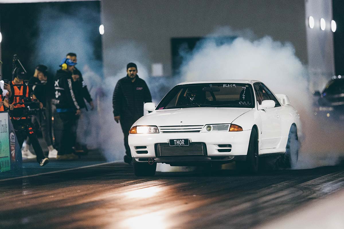 THOR R32 GT-R doing a burnout at the Sydney Dragway during the 2023 GT-R Festival